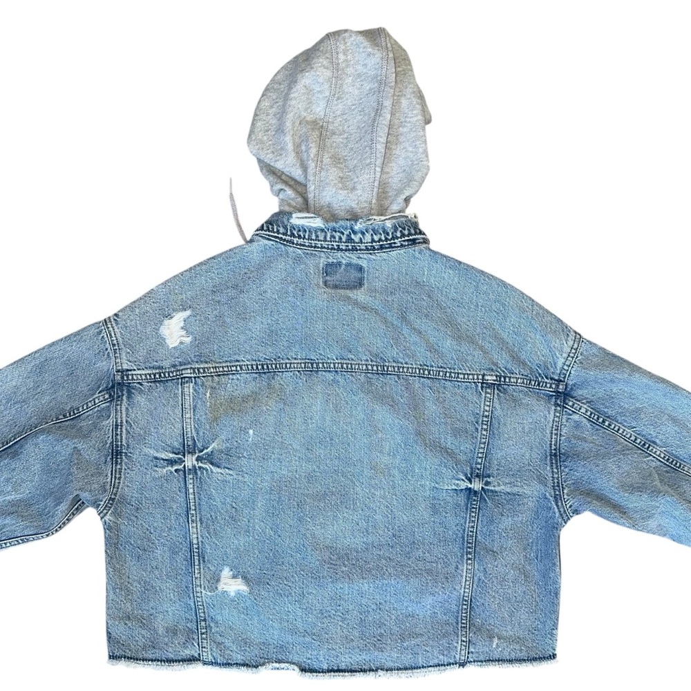 American Eagle Oversized Light Wash Distressed Faux Layered Hood Jacket Medium - Picture 5 of 10